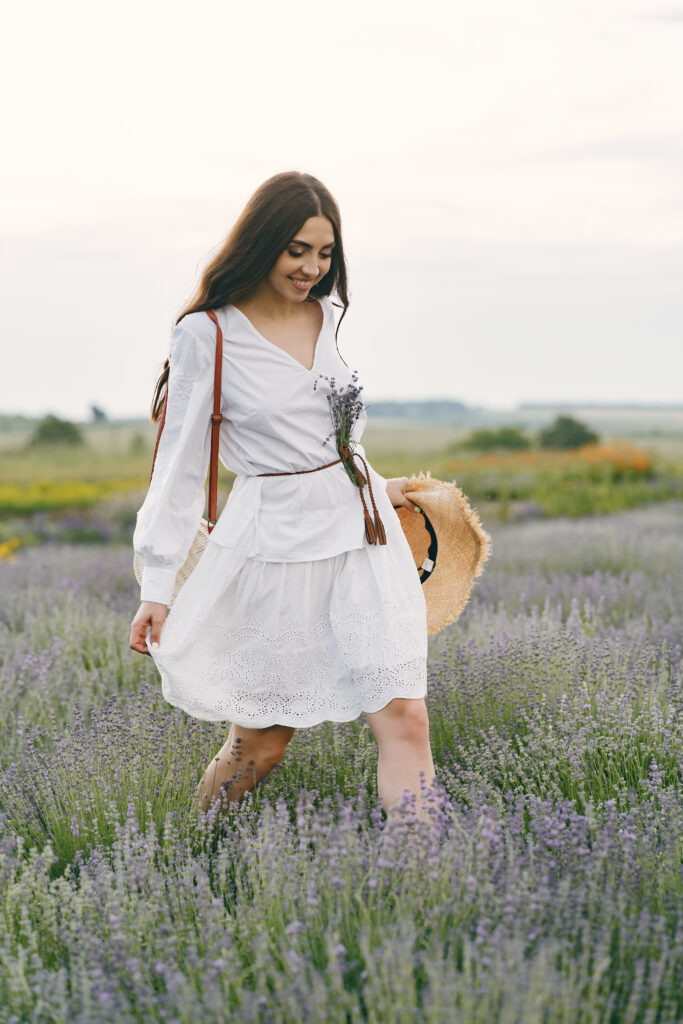 Woman in a white dress in a lavender field