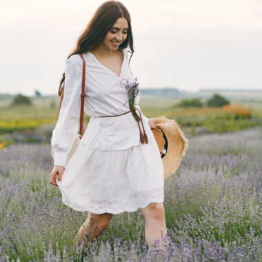 Woman in a white dress in a lavender field