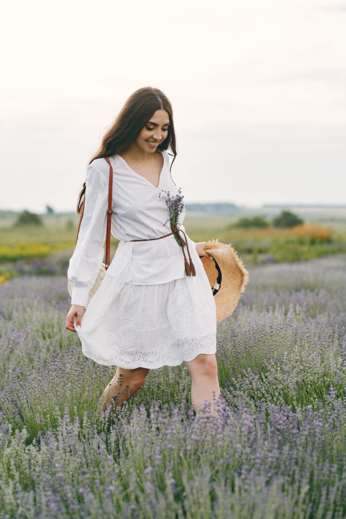 Woman in a white dress in a lavender field