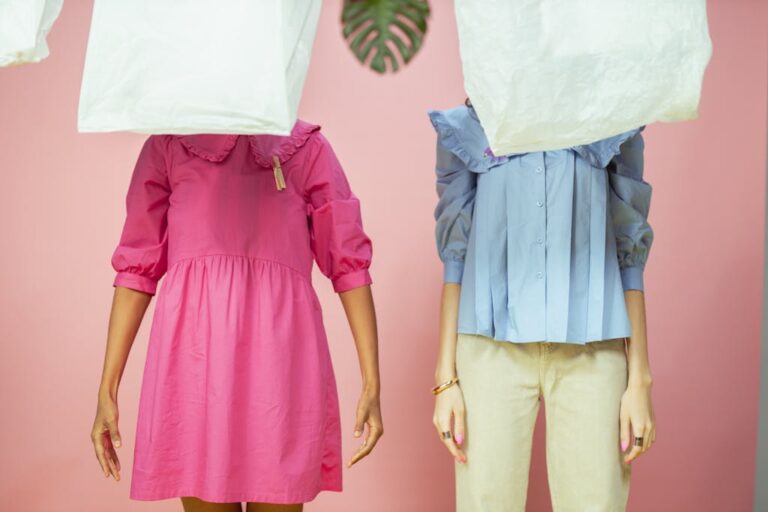 Artistic portrayal of fashion and sustainability with plastic bags and colorful outfits.